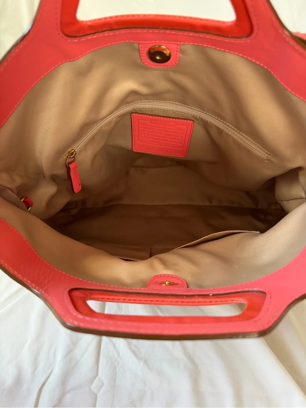 Coach Tan Signature Canvas Shoulder Bag with Coral Pink Trim
